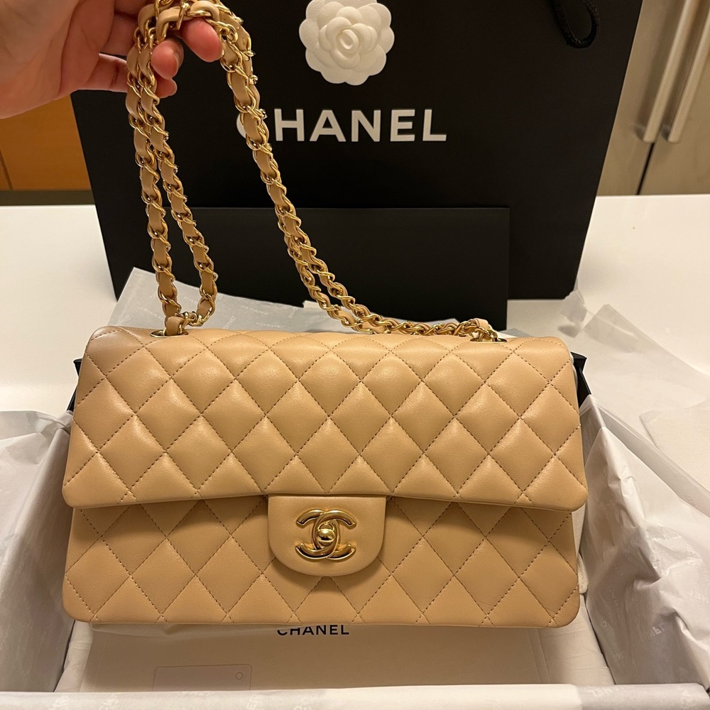 Chanel Tan Quilted Shoulder Bag with Gold Chain